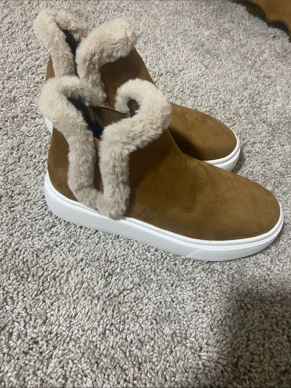 Nine West Tan Suede Faux-Fur Trim Slip-On Platform Sneakers